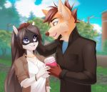  2019 anthro beverage big_breasts breasts brown_hair canid canine clothing cloud coffee dannyckoo day duo ear_piercing female fox hair hand_on_head jacket jewelry long_hair lucky_(luckstardices) male mammal open_mouth outside piercing purple_eyes shirt smile street_lamp topwear tree tresertf yellow_eyes 