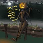  1:1 2019 breasts clothing dialogue digital_media_(artwork) female food fruit hi_res holidays humanoid jack-o&#039;-lantern medicinal_succ monster_girl_(genre) night outside pathfinder plant pumpkin pumpkin_patch sickle skinny smile solo 