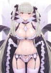  1girl azur_lane bangs bare_shoulders between_breasts black_bra black_choker black_nails blush bra breasts choker cleavage commentary_request cowboy_shot crystal_shoujo dress eyebrows_visible_through_hair flight_deck floral_background formidable_(azur_lane) frilled_bra frilled_dress frills garter_belt gradient gradient_background grey_hair groin hair_ribbon hands_up highres large_breasts lingerie long_hair looking_at_viewer nail_polish navel panties red_eyes revision ribbon shiny shiny_skin sidelocks skirt_hold solo thighhighs thighs twintails two-tone_dress two-tone_ribbon underwear very_long_hair white_choker white_legwear white_panties 