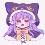  1girl animal_ears animal_hood bell black_capelet blush bow brown_eyes capelet cat_ears cat_hood commentary_request fake_animal_ears fang fur-trimmed_capelet fur-trimmed_hood fur_trim grey_background hikawa_kyoka hood hood_up hooded_capelet jingle_bell long_hair looking_at_viewer open_mouth pointy_ears princess_connect! princess_connect!_re:dive purple_hair signature simple_background solo trick_or_treat twintails yellow_bow yi_lian 
