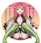  1girl :d absurdres arl belt black_jacket black_skirt blush breasts cleavage commentary_request gradient_hair green_eyes green_hair green_legwear hand_on_own_knee highres jacket kanroji_mitsuri kimetsu_no_yaiba knees_up large_breasts long_sleeves looking_at_viewer mole mole_under_eye multicolored_hair no_bra open_clothes open_jacket open_mouth panties pantyshot pantyshot_(sitting) pink_hair sitting skirt smile solo striped striped_legwear thighhighs twintails underwear upskirt v vertical-striped_legwear vertical_stripes white_panties 