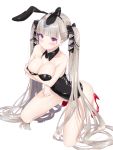  1girl animal_ears azur_lane bangs bare_arms bare_shoulders black_bow black_collar black_hairband black_leotard blush bow breasts bunny_ears bunnysuit cleavage closed_mouth collar collarbone commentary_request detached_collar eyebrows_visible_through_hair fake_animal_ears formidable_(azur_lane) full_body grey_hair hair_bow hairband high_heels k_mugura large_breasts leotard long_hair looking_at_viewer red_eyes red_footwear shoes simple_background solo strapless strapless_leotard twintails v-shaped_eyebrows very_long_hair white_background wing_collar 
