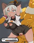  1girl 2boys arms_behind_head bar_censor black_bodysuit black_hairband blue_eyes bodysuit bodysuit_under_clothes breasts censored coin collared_shirt commentary covered_navel cum dark_skin erection gameplay_mechanics grey_hair gym_leader hairband hand_on_another&#039;s_ass health_bar heavy_breathing hetero highres hypno hypnosis leaning_forward looking_at_penis medium_breasts mind_control multiple_boys navel nipples pendulum penis pokemon pokemon_(game) pokemon_swsh saitou_(pokemon) shirt shirt_lift short_hair skin_tight spread_legs torn_clothes vaginal verseir_001 white_shirt 