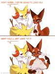  2019 anthro braixen breasts canid canine convenient_censorship dialogue duo english_text eyelashes female feral feral_to_anthro fur hi_res inner_ear_fluff larkdraws looking_at_viewer mammal nickit nintendo orange_eyes pok&eacute;mon pok&eacute;mon_(species) simple_background smile stick text transformation tuft unknown_pok&eacute;mon video_games white_background white_body white_fur yellow_body yellow_fur 