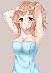  1girl armpits arms_behind_head arms_up bare_arms breasts brown_eyes brown_hair cleavage collarbone commentary hair_tie_in_mouth highres idolmaster idolmaster_shiny_colors kurisu-kun large_breasts long_hair looking_at_viewer mouth_hold ponytail sakuragi_mano solo towel upper_body 