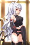  1girl bangs bare_shoulders black_dress black_legwear blurry blurry_background blurry_foreground blush breasts brown_eyes closed_mouth clothes_lift cowboy_shot cross cross_necklace detached_sleeves dress dungeon_and_fighter eyebrows_visible_through_hair garter_belt grey_hair groin hair_ribbon highres jewelry large_breasts long_hair looking_at_viewer maemi_(maemi12) necklace pelvic_curtain pelvic_curtain_lift pussy revision ribbon sidelocks skindentation smile solo thighhighs uncensored very_long_hair white_ribbon wide_sleeves 