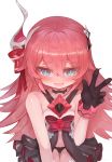  1girl bangs bare_shoulders black_gloves blue_eyes commentary_request dokomon eyebrows_visible_through_hair fang flower gloves hair_between_eyes hair_ribbon halterneck highres honkai_(series) honkai_impact_3rd horns korean_commentary navel pink_hair red_flower red_ribbon red_rose ribbon rose rozaliya_olyenyey short_shorts shorts solo sweat thick_eyebrows white_background 