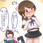  alternate_costume blue_bra blush blush_stickers bra bra_on_head brown_eyes brown_hair cosplay fubuki_(kantai_collection) fubuki_(kantai_collection)_(cosplay) fundoshi highres japanese_clothes kantai_collection laundry long_hair low_twintails mitchell_(dynxcb25) object_on_head open_mouth panties panties_on_head pink_panties red_eyes remodel_(kantai_collection) school_uniform serafuku shirayuki_(kantai_collection) sideways_glance skirt smile topless translation_request twintails underwear 