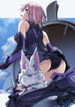  1girl armored_leotard ass bare_shoulders black_footwear black_gloves black_leotard boots breasts cloud cloudy_sky commentary_request creature day elbow_gloves fate/grand_order fate_(series) fou_(fate/grand_order) from_behind from_below gloves high_heel_boots high_heels leotard looking_at_viewer looking_back looking_down mash_kyrielight medium_breasts open_mouth outdoors outside_border pink_hair profile purple_eyes shield sky thigh_boots thighhighs twitter_username yahako 