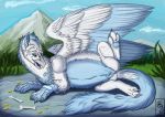  2019 absurd_res avian digital_media_(artwork) feral fluffy fur gryphon hair hi_res katruna94 open_mouth paws simple_background smile solo tongue white_body white_fur wings 