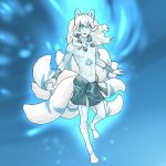  2019 9_tails absurd_res animal_humanoid anonymous_artist barefoot blue_body blue_eyes blue_nipples bottomwear canid canid_humanoid canine canine_humanoid clothed clothing digital_media_(artwork) etis fox fox_humanoid fur hair hi_res humanoid loincloth looking_at_viewer male mammal mammal_humanoid markings multi_tail nipples open_mouth paws simple_background solo topless white_body white_fur white_hair 