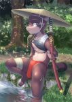 anthro asian_clothing blue_eyes brown_body brown_fur bulge canid canine canis clothing conical_hat domestic_dog east_asian_clothing fundoshi fur grass hat headgear headwear hi_res japanese_clothing katana kemono male mammal melee_weapon multicolored_body multicolored_fur nature navel outside raijin raizinndx solo sword underwear water weapon wet young 