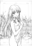  1girl absurdres bangs breasts choker cleavage cowboy_shot fence graphite_(medium) groin hair_ribbon highres kojima_takeshi long_hair monochrome naked_towel open_mouth original ribbon small_breasts smile solo towel traditional_media tree 