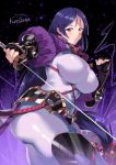  1girl armor bangs black_gloves bodysuit breasts closed_mouth curvy fate/grand_order fate_(series) fingerless_gloves gloves highres holding holding_sword holding_weapon japanese_armor kurosawa_(hjkl42332) large_breasts loincloth long_hair looking_at_viewer low-tied_long_hair minamoto_no_raikou_(fate/grand_order) parted_bangs purple_bodysuit purple_eyes purple_hair ribbed_sleeves rope sword tabard very_long_hair weapon 