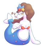  2019 anthro bra breasts brown_hair clothing female hair looking_at_viewer musical_note nintendo open_mouth pok&eacute;mon pok&eacute;mon_(species) primarina simple_background smile solo subakitsu underwear video_games white_background yellow_eyes 