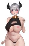  1girl bangs bare_shoulders black_bikini_bottom blue_eyes blunt_bangs blush breasts breasts_outside cleavage closed_mouth curvy demon_girl dlckdgns851 frown horns inverted_nipples korean_commentary large_breasts navel original short_hair silver_hair succubus sweat thighs 