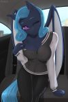 absurd_res anthro bat_pony blue_hair bottomwear breasts car clothing equid equine fan_character female hair hi_res horse inside_car jacket jeans mammal my_little_pony one_eye_closed pants pewas piercing pony purple_eyes smile solo topwear vehicle wings wink 