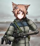  1girl animal_ears arm_up artist_name assault_rifle bangs black_gloves brown_hair building bullpup coat ears fingerless_gloves gloves gun hair_ornament hand_in_pocket highres long_sleeves looking_to_the_side original over_shoulder rifle russian_text scope short_hair solo standing suppressor turtleneck watch weapon weapon_over_shoulder yellow_eyes zap-nik 