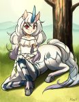  2018 blush capcom centaur clothing day elder_dragon equid equid_taur female hair hooves horn kirin_(mh) kittell_(artist) looking_at_viewer mammal mammal_taur monster_hunter mountain outside red_eyes sitting smile solo taur tree unicorn unicorn_taur video_games white_hair 