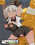  1girl 2boys :| areolae arms_behind_head bar_censor black_bodysuit black_hairband blue_eyes bodysuit bodysuit_under_clothes breasts censored closed_mouth coin collared_shirt commentary covered_navel cowboy_shot dark_skin erection gameplay_mechanics glowing glowing_eyes grey_hair gym_leader hairband hand_on_another&#039;s_ass health_bar hetero highres hypno hypnosis leaning_forward medium_breasts mind_control multiple_boys navel nipples pendulum penis pokemon pokemon_(game) pokemon_swsh saitou_(pokemon) shirt shirt_lift short_hair skin_tight spread_legs torn_clothes vaginal verseir_001 white_shirt 