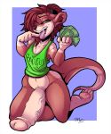  2019 anthro balls big_balls big_penis clothed clothing digital_media_(artwork) fingers furkinghell girly green_eyes hair half-erect hi_res huge_penis humanoid_penis kneeling looking_at_viewer lutrine male mammal money mustelid open_mouth penis ponytail red_hair remi_beauclair shirt simple_background smile solo teeth text tongue tongue_out topwear 