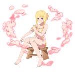  1girl alice_schuberg bad_id bangs blonde_hair blue_eyes blush breasts cleavage collarbone full_body hair_intakes highres medium_breasts naked_towel official_art pink_towel print_towel short_hair_with_long_locks sitting solo sweatdrop sword_art_online tied_hair towel transparent_background washing 