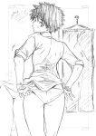  1girl absurdres ass clothes_hanger from_behind graphite_(medium) hatching_(texture) highres kojima_takeshi looking_back monochrome original panties pants pants_removed reverse_trap short_hair solo spiked_hair traditional_media underwear 