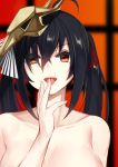  1girl ahoge azur_lane bangs black_hair blurry blurry_background blush breasts cleavage collarbone crossed_bangs eyebrows_visible_through_hair finger_licking hair_between_eyes highres irohasu large_breasts licking long_hair looking_at_viewer mask mask_on_head nude red_eyes sidelocks smile solo taihou_(azur_lane) twintails upper_body 