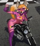  anthro breasts canid canine cellphone clothed clothing female fox fur furstang gesture mammal meika_(rimba_racer) motorcycle phone rimba_racer selfie smile solo thick_thighs v_sign vehicle 