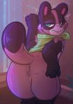  2019 absurd_res anthro anus bedroom_eyes blue_eyes blush butt canid canine cartoon_network dimwitdog female half-closed_eyes hi_res looking_at_viewer mammal mao_mao:_heroes_of_pure_heart pussy raccoon_dog scarf seductive signature solo tanuki tanya_keys 