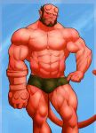 abs beard biceps big_muscles blush bulge clothed clothing demon facial_hair hellboy_(character) hellboy_(series) hi_res humanoid male muscular muscular_male nipples obeyecow pecs quads solo standing 