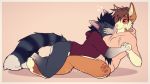  2019 anthro black_hair brown_hair canid canine canis clothing digital_media_(artwork) domestic_dog eyebrows eyelashes eyes_closed felid feline female fur grey_body grey_fur hair hoodie hug male male/female mammal orange_body orange_fur pink_background pink_hoodie purple_eyes senimasan simple_background smile topwear white_body white_fur 