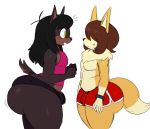 anthro big_butt black_hair bodily_fluids bottomwear brown_body brown_fur brown_hair bulge butt canid canine canis clothed clothing crop_top dobermann domestic_dog duo fox fur girly hair hi_res hiro_(sssonic2) huge_butt long_hair lucas_(sssonic2) male mammal pinscher shirt shorts simple_background small_tail sssonic2 sweat thick_thighs topless topwear white_background yellow_body yellow_eyes yellow_fur 