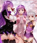  3girls bangs bare_shoulders bb_(fate)_(all) bb_(fate/extra_ccc) black_coat black_legwear black_skirt blush breasts cherry_blossoms closed_mouth detached_sleeves dress earrings fate/extra fate/extra_ccc fate/grand_order fate/stay_night fate_(series) flower gloves hair_ribbon high-waist_skirt highres holding holding_wand jacket jewelry kama_(fate/grand_order) large_breasts leotard long_hair long_sleeves looking_at_viewer lotus matou_sakura miniskirt multiple_girls neck_ribbon parted_lips petals pink_jacket purple_dress purple_eyes purple_hair purple_legwear purple_skirt purple_sleeves red_eyes red_ribbon ribbon short_hair silver_hair skirt sleeveless sleeveless_dress small_breasts thigh_strap thighhighs thighs very_long_hair wand white_dress white_gloves white_leotard zasshu 
