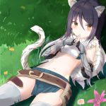  1girl animal_ear_fluff animal_ears armor bandeau bangs belt black_hair blush breasts cowboy_shot detached_sleeves eyebrows_visible_through_hair fingerless_gloves flower fur_collar fur_scarf gauntlets gloves grass hair_between_eyes hands_together kashiwazaki_shiori long_hair looking_at_viewer lying multicolored_hair navel open_mouth outdoors pleated_skirt princess_connect! princess_connect!_re:dive shadow sidelocks skirt small_breasts solo stomach tail thighhighs tiger_ears tiger_tail white_hair white_legwear yellow_eyes yuki_(yukin0128) 