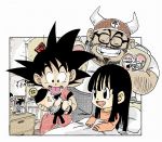  1girl 3boys :p ^_^ baby bangs beard bed bed_sheet black-framed_eyewear black_eyes black_hair blunt_bangs carrying chi-chi_(dragon_ball) closed_eyes commentary_request couple dot_nose dougi dragon_ball dragon_ball_(classic) dragon_ball_(object) eyelashes facial_hair father_and_daughter father_and_son fenyon frame glasses grandfather_and_grandson gyuu_mao happy hat height_difference hetero hime_cut indoors long_hair long_sleeves looking_at_another looking_down mother_and_son multiple_boys mustache nightstand on_bed open_mouth orange_shirt photo_(object) pillow shirt sidelocks sitting smile son_gohan son_gokuu spiked_hair standing straight_hair tongue tongue_out twitter_username under_covers wristband 