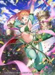  1girl ;d bell bracelet breasts castle cleavage cloud commentary_request double_bun fire_emblem fire_emblem:_the_binding_blade fire_emblem_cipher flower green_eyes jewelry kousei_horiguchi larum_(fire_emblem) leaf midriff navel necklace official_art one_eye_closed open_mouth orange_hair petals rose sky smile solo sparkle stairs 