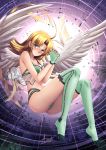  1girl adsouto ahoge angel_wings asia_argento ass bangs bare_shoulders blonde_hair blush bra breasts closed_mouth collarbone elbow_gloves feathered_wings fingerless_gloves floating frown full_body gloves green_bra green_eyes green_gloves green_legwear green_panties hands_clasped high_school_dxd highres leaf long_hair looking_at_viewer medium_breasts navel own_hands_together panties parted_bangs see-through signature solo thighhighs thighs underwear underwear_only very_long_hair white_wings wings 
