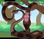  2018 absurd_res anthro big_breasts black_hair blush breasts bubble bulge canid canine canis coiling dialogue digital_media_(artwork) domestic_dog eyebrow_through_hair eyebrows female female_on_feral feral fur hair hi_res hypnosis iamaneagle_(artist) invalid_tag jungle_book kaa_(jungle_book) male mammal mind_control open_mouth post_vore reptile ringed_eyes scales scalie sheebe_(iamaneagle) shiba_inu snake spitz spots text translucent translucent_hair tree vore wide_hips 