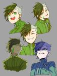  1boy angry brown_hair closed_eyes earrings empty_eyes expressions eyebrows_visible_through_hair facial_mark green_eyes grey_background hair_over_one_eye jewelry long_sleeves looking_at_viewer male_focus nanashi_(shin_megami_tensei_iv_final) pilot_suit shaded_face shin_megami_tensei shin_megami_tensei_iv_final simple_background single_earring smile solo tattoo trafuris uniform 