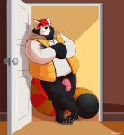  2019 ailurid anthro black_body black_fur clothing cute_fangs flaccid fur hi_res humanoid_hands humanoid_penis male mammal manlyster overweight overweight_male penis red_panda shirt solo topwear 
