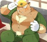  2019 anthro armor belly biped blush bodily_fluids bulge clothing gloves handwear headgear helmet humanoid_hands hyaku_(artist) male mammal moobs overweight overweight_male pubes scar sitting solo suid suina sus_(pig) sweat wild_boar 