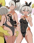  1boy 1girl absurdres ass ass_grab bar_censor bare_shoulders black_gloves black_hairband black_swimsuit blush censored collarbone commentary covered_navel cum dark_skin fellatio from_behind from_side gloves grey_hair gym_leader hairband handjob heart highres hypno hypnosis implied_kiss looking_at_another looking_up mind_control multicolored multicolored_clothes multicolored_swimsuit multiple_views open_mouth oral orange_gloves orange_swimsuit pendulum pokemon pokemon_(game) pokemon_swsh pussy_juice pussy_juice_trail saitou_(pokemon) short_hair simple_background single_glove spiral spoken_heart swimsuit two-tone_gloves verseir_001 white_background yellow_skin 
