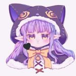  1girl :i animal_ears animal_hood bell black_capelet blush bow brown_eyes capelet cat_ears cat_hood closed_mouth commentary_request fake_animal_ears fur-trimmed_capelet fur-trimmed_hood fur_trim grey_background heart hikawa_kyoka hood hood_up hooded_capelet jingle_bell long_hair looking_at_viewer pointy_ears pout princess_connect! princess_connect!_re:dive purple_hair simple_background solo twintails yellow_bow yi_lian 