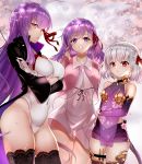  3girls bangs bare_shoulders bb_(fate)_(all) bb_(fate/extra_ccc) black_coat black_legwear blush breasts cherry_blossoms closed_mouth covered_navel detached_sleeves dress earrings fate/extra fate/extra_ccc fate/grand_order fate/stay_night fate_(series) flower gloves hair_ribbon highleg highleg_leotard highres holding holding_wand jacket jewelry kama_(fate/grand_order) large_breasts leotard long_hair long_sleeves looking_at_viewer lotus matou_sakura miniskirt multiple_girls neck_ribbon parted_lips petals pink_jacket purple_dress purple_eyes purple_hair purple_legwear purple_skirt purple_sleeves red_eyes red_ribbon ribbon short_hair silver_hair skirt sleeveless sleeveless_dress small_breasts thigh_strap thighhighs thighs very_long_hair wand white_dress white_gloves white_leotard zasshu 