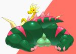  3_toes backsack balls big_balls big_butt butt cheese_cake dinosaur dracozolt dragon eyes_closed feral green_body hi_res male nintendo pok&eacute;mon reptile scalie simple_background smile solo thick_thighs toes unknown_pok&eacute;mon video_games yellow_body 