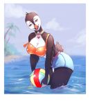  alcid anthro atlantic_puffin avian ball beach beak bird breasts clothed clothing female fully_clothed hi_res island lari looking_at_viewer merime outside partially_submerged pearl_(boolean) puffin sea seaside solo standing water 