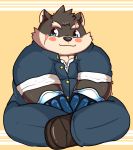  2019 anthro biped black_nose blue_eyes blush bottomwear canid canine canis clothing domestic_dog hi_res kusosensei male mammal moritaka overweight overweight_male pants scar shirt simple_background sitting solo tokyo_afterschool_summoners topwear video_games 