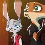  1:1 2017 ambiguous_gender anthro blue_eyes brown_body brown_fur canid canine clothed clothing dipstick_ears disney duo facial_markings fanartiguess fox fur gloves_(marking) green_eyes head_markings hi_res jack_savage lagomorph leporid light lighting mammal markings multicolored_ears nick_wilde orange_body orange_fur rabbit red_fox shirt topwear zootopia 