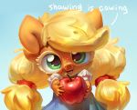  anthro anthrofied apple applejack_(mlp) baby_talk blonde_hair clothing english_text equid equine food freckles friendship_is_magic fruit green_eyes hair hi_res holivi horse mammal my_little_pony offering_food open_mouth open_smile pigtails plant pony smile text 